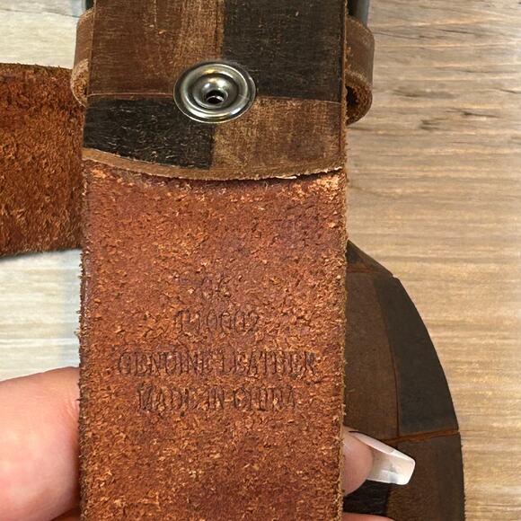 Vintage 90s Y2K Brown Checkerboard Leather Belt Silver Buckle Y2K Medium - Picture 5 of 8